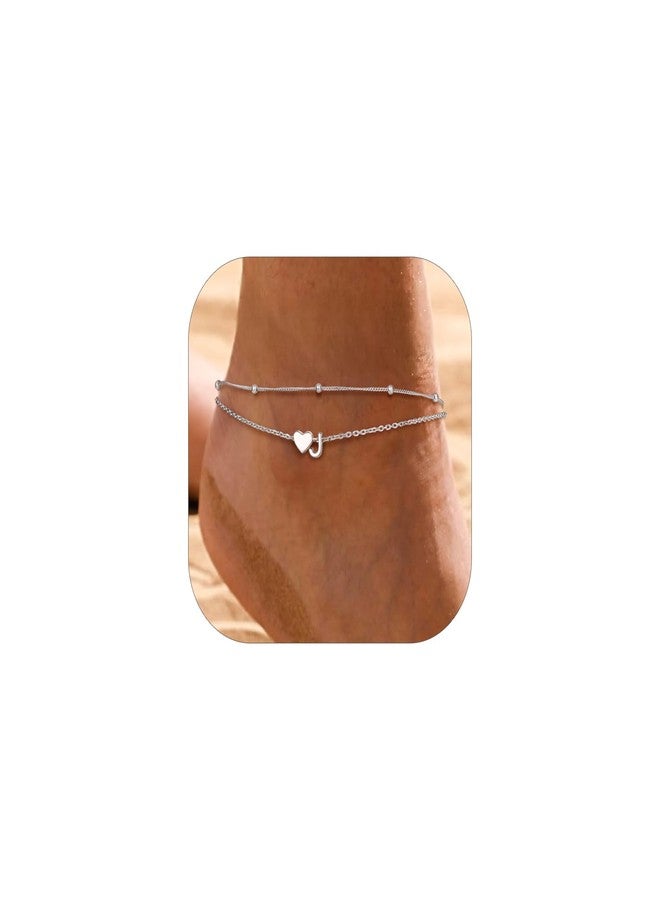 PROSILVER Ankle Bracelets for Women S925 Sterling Silver Anklets for Women Waterproof, Dainty Layered Heart Anklet, Beach Initial Anklet for Summer, Letter J - Image 1